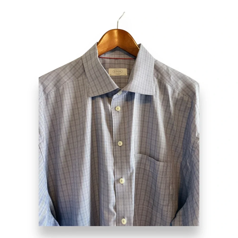 Eton Classic Fit Dress Shirt Men's 18 46 2XL Blue Glen Plaid Check Long Sleeve
